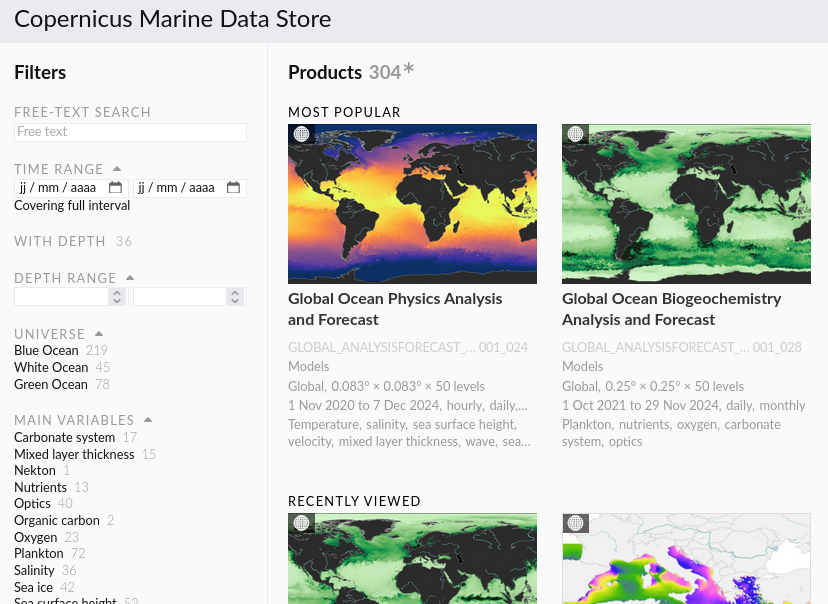 Listing of Copernicus Marine Data Store products